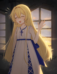 1girl absurdres alternate_costume artist_name back_bow blonde_hair blue_bow blue_ribbon bow center_frills closed_eyes collarbone dokibird_(vtuber) dokibird_(vtuber)_(retro_doki) dress facing_viewer frilled_dress frills hair_between_eyes hair_intakes hand_up highres indie_virtual_youtuber indoors kalm_ol long_hair notice_lines open_mouth ribbon rubbing_eyes sleeveless sleeveless_dress solo standing teeth upper_teeth_only very_long_hair virtual_youtuber waving white_dress window