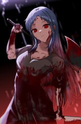 1girl absurdres axe blood blood_in_hair blood_on_clothes blood_on_face blood_splatter bloody_weapon blue_hair dark_background dress empty_eyes enri_louvre feluppy125 grey_dress highres holding holding_axe long_hair naraku naraku_1 red_eyes solo weapon