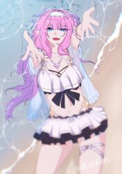 1girl absurdres artist_name beach bikini blue_eyes blue_jacket bracelet breasts chinese_commentary commentary_request elf elysia_(honkai_impact) elysia_(miss_pink_elf)_(honkai_impact) elysia_(summer_miss_elf)_(honkai_impact) hairband highres honkai_(series) honkai_impact_3rd jacket jewelry large_breasts long_hair lying navel necklace official_alternate_costume on_back open_mouth outdoors pink_hair pointy_ears sand see-through_clothes see-through_jacket shell shell_necklace solo stomach swimsuit thigh_strap thighs water white_bikini white_hairband xianyusaltedfish