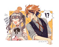 !? 1boy 1girl ahoge animal animal_on_head bartender beer_can black_choker black_hair black_ribbon blush brown_hair can choker clothing_cutout coll_(erichankun) drink_can grey_shirt hair_between_eyes holding hololive holostars laughing long_hair looking_at_another multicolored_hair natsuiro_matsuri natsuiro_matsuri_(casual) on_head open_mouth orange_hair out_of_frame plaid_clothes plaid_shirt ribbon shirt short_hair shoulder_cutout signature tearing_up twintails twitter_username two-tone_hair upper_body virtual_youtuber white_eyes yukoku_roberu yukoku_roberu_(1st_costume)