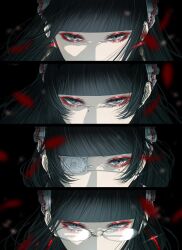 4girls black_hair blunt_bangs commentary earrings eyepatch eyeshadow falling_petals floral_print glasses highres jewelry long_hair looking_at_viewer maid maid_headdress makeup medical_eyepatch mole mole_under_eye multiple_girls original persona_eyes petals red_eyeshadow satsuki_kei sidelocks symbol-only_commentary