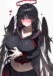 Rule 34 | 1girl, absurdres, black hair, black nails, black serafuku, black skirt, black wings, blood, blood halo, blood on clothes, blue archive, blush, breasts, halo, heart, highres, huge breasts, liquid halo, long hair, looking at viewer, masini-mashini615, navel, nose blush, pale skin, red eyes, school uniform, serafuku, skirt, solo, sweat, tsurugi (blue archive), wings