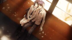 1boy 1girl aoi_sena blazer blue_hair blurry blurry_background broken_glass brown_jacket buttons chaos;head chaos;head_love_chu_chu! collarbone collared_shirt couple day dirty dirty_clothes dirty_face dutch_angle ears_visible_through_hair earthquake game_cg glass grey_eyes hand_on_another&#039;s_head hand_on_another&#039;s_leg hand_on_another&#039;s_thigh hetero holding_hands jacket lapels leaning_on_person long_hair long_sidelocks long_sleeves looking_at_another loose_necktie matsuo_yukihiro messy_hair necktie nishijou_takumi non-web_source notched_lapels official_art open_clothes open_collar open_jacket open_mouth pants plaid_clothes plaid_necktie plaid_pants plaid_skirt pleated_skirt purple_eyes purple_necktie purple_pants purple_skirt red_trim school_emblem school_uniform shiny_eyes shirt sidelocks sitting skirt streetcar suimei_academy suimei_school_uniform sunlight sunset thighs_together white_petticoat white_shirt window