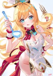 1girl :q absurdres apron aqua_eyes blonde_hair blue_eyes blush breasts chef chef_hat cleavage closed_mouth commentary_request escoffier_(genshin_impact) fingernails fork_hair_ornament frilled_wrist_cuffs frills genshin_impact hair_between_eyes hand_on_own_hip hand_up hat heart heart_in_eye highres holding holding_ladle ladle lalazyt long_hair looking_at_viewer naked_apron no_panties simple_background smile solo standing symbol_in_eye tail thighhighs tongue tongue_out very_long_hair white_apron white_background white_hat white_thighhighs wrist_cuffs