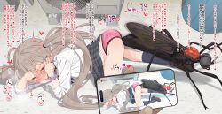 1girl all_fours ass-to-ass_penetration bestiality black_shoes black_skirt blue_socks bug cellphone clothing_aside commentary_request crying crying_with_eyes_open grey_hair hakozaki_serika heart heart-shaped_pupils highres holding holding_phone idolmaster idolmaster_million_live! long_hair long_sleeves miniskirt neku_oneneko open_mouth paid_reward_available panties panties_aside phone pink_panties plaid_clothes plaid_skirt purple_scrunchie recording scrunchie sex_with_insects shirt shoes skirt smartphone socks sound_effects symbol-shaped_pupils tears top-down_bottom-up translation_request twintails underwear variant_set wavy_mouth white_shirt wrist_scrunchie yellow_eyes