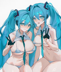 2girls absurdres bare_shoulders between_breasts bikini black_gloves blue_eyes blue_hair blue_necktie breasts closed_mouth collared_shirt crop_top gloves hair_ornament half_gloves hand_up hatsune_miku highres large_breasts long_hair looking_at_viewer medium_breasts multiple_girls navel necktie necktie_between_breasts no_pants open_mouth shibuya_(kurokamishain) shirt simple_background skindentation sleeveless sleeveless_shirt smile stomach string_bikini swimsuit thighs twintails v very_long_hair vocaloid white_background white_bikini white_shirt
