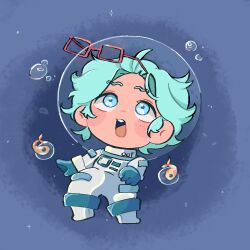 1boy air_bubble astronaut blue_background blue_eyes bubble chibi chibi_only cove_holden curly_hair dolpxler floating full_body glasses green_hair helmet koi looking_at_object male_focus open_mouth our_life our_life:_beginnings_and_always short_hair sidelocks solo space_helmet spacesuit teeth upper_teeth_only