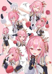 1girl :d andromedako andromedako_(cosplay) artist_name black_gloves blonde_hair blush coke-bottle_glasses cosplay crown dance_robot_dance_(vocaloid) dancing glasses gloves hair_between_eyes headset highres holding holding_microphone medium_hair microphone mounemuiinu multicolored_hair multiple_views nayutalien nayutan_sei_kara_no_buttai nijisanji nijisanji_en nijisanji_idol_uniform open_mouth pink_hair red_eyes rosemi_lovelock shorts side_ponytail smile streaked_hair twitter_username virtual_youtuber