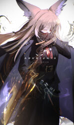 1girl absurdres arknights belt black_belt black_coat black_gloves black_skirt black_suit blonde_hair blood blood_on_face character_name coat copyright_name covered_mouth cowboy_shot formal_clothes gloves highres sakuri_9616 skirt solo suit vulpisfoglia_(arknights) white_background yellow_eyes