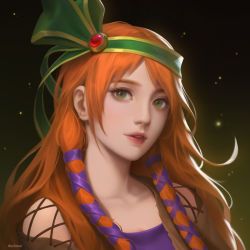 1girl chrono_cross dark_duck gradient_background green_eyes hair_ribbon hairband highres leena_(chrono_cross) lips long_hair looking_at_viewer orange_hair portrait ribbon solo