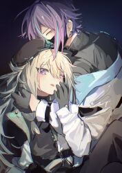 1boy 1girl black_background black_gloves black_hat black_mask black_pants black_shirt blue_hair glaring gloves green_hair gyakkou_no_lens_flare_(project_sekai) hand_in_another&#039;s_hair hashtag-only_commentary hat highres jacket kamishiro_rui kusanagi_nene long_hair looking_at_viewer low-tied_sidelocks mask mouth_mask multicolored_hair off_shoulder one_eye_closed orange_eyes pants project_sekai purple_eyes purple_hair shirt short_hair sidelocks simple_background streaked_hair tongue tongue_out white_jacket yukifish