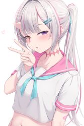 1girl bandaged_arm bandages collarbone crop_top hair_ornament hair_ribbon hairclip hand_up heartsix heterochromia highres horns long_hair looking_at_viewer midriff multicolored_hair navel neckerchief original parted_lips pink_sailor_collar ponytail purple_eyes red_neckerchief ribbon sailor_collar shirt short_sleeves simple_background single_horn solo streaked_hair upper_body v white_background white_hair white_shirt yellow_eyes