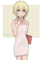 1girl blonde_hair blue_eyes bright_pupils commentary_request cowboy_shot dress finger_to_own_chin hair_between_eyes hand_up highres holding holding_sketchbook kingdom_hearts kingdom_hearts_ii light_blush long_hair namine sketchbook smile solo spaghetti_strap till-9910 translation_request upper_body white_dress