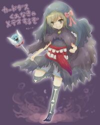 1boy ajie_(sura-kun) black_shirt black_socks blonde_hair blush bow brown_cloak cloak commentary_request full_body grey_eyes grey_hood grey_shorts grin hair_bow hood hood_up looking_at_viewer male_focus personification pink_bow purple_background ragnarok_online shirt short_hair shorts smile socks solo tongue tongue_out translation_request wraith_(ragnarok_online)