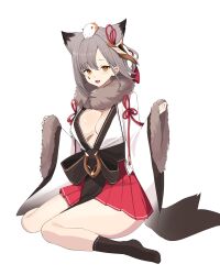 Rule 34 | 1girl, absurdres, azur lane, black socks, blush, breasts, brown eyes, cleavage, commentary request, fang, fur-trimmed kimono, fur-trimmed sleeves, fur trim, grey hair, hakama, hakama short skirt, hakama skirt, hamster on head, hands up, highres, japanese clothes, kimono, kurowanjjyang, large breasts, looking at viewer, mark under eye, open mouth, pleated skirt, red hakama, red skirt, short hair, simple background, sitting, skin fang, skirt, smile, socks, suzutsuki (azur lane), teardrop facial mark, thighs, wariza, white background, white kimono, wide sleeves