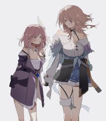 2girls blue_eyes blue_skirt breasts camera coat cyrene_(honkai:_star_rail) dress hair_ornament highres honkai:_star_rail honkai_(series) looking_at_another march_7th_(honkai:_star_rail) march_7th_(preservation)_(honkai:_star_rail) medium_breasts medium_hair multiple_girls note_nii pink_hair purple_coat shirt simple_background skirt small_breasts thigh_strap white_background white_dress white_shirt