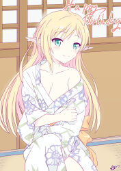1girl blonde_hair breasts elf green_eyes happy_birthday highres iris_mysteria! japanese_clothes k_(nura-rikuo) kimono long_hair medium_breasts open_clothes pointy_ears shouji sitting sliding_doors smile tatami tissesaare_stuka_machulfka undressing yukata