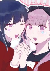 Rule 34 | 2025, brother and sister, dated, happy birthday, heart, highres, holding hands, long hair, looking at viewer, matching hair/eyes, one eye closed, open mouth, pink background, pink eyes, pink hair, purple hair, red shirt, shirt, siblings, simple background, teeth, the hundred line -last defense academy-, tsukumo ima, tsukumo kako, twins, upper teeth only, white background, wink