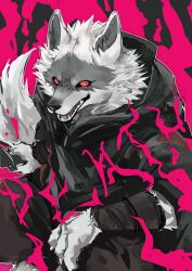 1boy animal_ears ao_gravity black_pants black_sclera cloak colored_sclera commentary_request death_(puss_in_boots) fangs furry furry_male highres hood hood_down hooded_cloak looking_at_viewer male_focus open_mouth pants puss_in_boots:_the_last_wish red_eyes shrek_(series) tail whiskers wolf_boy wolf_ears wolf_tail