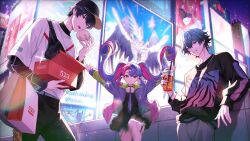 1girl 2boys alternate_costume bag black_dress black_hair black_hat black_shirt blue_hair box brant_(wuthering_waves) commentary_request crownless_(wuthering_waves) cup disposable_cup dress drinking_straw food hat heterochromia highres hinatsu holding holding_bag holding_box holding_cup holding_food jewelry looking_at_viewer male_rover_(wuthering_waves) multicolored_hair multiple_boys necklace necktie outdoors outstretched_arms parted_lips pero_(wuthering_waves) pink_eyes pink_hair purple_hair purple_necktie roccia_(wuthering_waves) rover_(wuthering_waves) shirt short_hair smile steamed_bun tacet_mark_(wuthering_waves) twintails two-tone_hair white_shirt wuthering_waves yellow_eyes