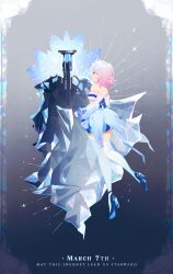 1girl 1other absurdres blue_dress blue_eyes blue_shoes bow character_name clothing_cutout commentary detached_sleeves dress english_text fenrixion from_behind fuli_(honkai:_star_rail) full_body high_heels highres honkai:_star_rail honkai_(series) march_7th_(honkai:_star_rail) march_7th_(nascent_spring)_(honkai:_star_rail) medium_hair multicolored_eyes off-shoulder_dress off_shoulder official_alternate_costume pink_bow pink_eyes pink_hair pumps shoes short_dress thighhighs two-tone_eyes white_thighhighs