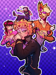 Rule 34 | 1other, 3boys, bell-bottoms, black gloves, black hair, black jacket, black pants, blonde hair, braid, bug, checkered background, cleavage cutout, clothing cutout, commentary, compound eyes, english commentary, fingerless gloves, giorno giovanna, giorno giovanna&#039;s pose (jojo), gloves, gold experience, gold experience requiem, green eyes, grey sleeves, hair ornament, hair over eyes, haruno shiobana, heart ornament, highres, insect, jacket, jodio joestar, jojo no kimyou na bouken, jojo pose, kicking, ladybug, ladybug ornament, male focus, multiple boys, outline, pants, pink jacket, purple eyes, scoutroaring, single braid, stand (jojo), star (symbol), star hair ornament, the jojolands, transformation, upper body, vento aureo, white hair, white outline, wing ornament