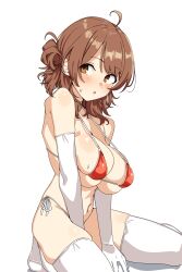 1girl :o absurdres bare_shoulders bikini blush breasts from_side gakuen_idolmaster gloves hanami_ume highres idolmaster large_breasts looking_at_viewer looking_to_the_side navel open_mouth paid_reward_available red_bikini seihekiog side-tie_bikini_bottom simple_background solo stomach swimsuit thighhighs thighs underboob white_background white_bikini white_gloves white_thighhighs