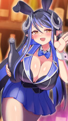 1girl :d animal_ears black_hair black_hairband black_shirt blue_hair blue_skirt blush bottle breasts brown_eyes bunny_garden cleavage collar commentary_request cosplay cowboy_shot curled_horns demon_girl demon_horns detached_collar earrings fake_animal_ears fang grey_horns hair_between_eyes hairband hebiyoi_tier highres holding holding_bottle horns jewelry kana_(bunny_garden) kana_(bunny_garden)_(cosplay) large_breasts leotard long_hair looking_at_viewer multicolored_hair nanashi_inc. open_mouth playboy_bunny pleated_skirt pointy_ears rabbit_ears sake_bottle shirt sidelocks skirt sleeveless sleeveless_shirt smile solo two-tone_hair virtual_youtuber white_collar yomusu