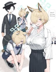 1boy 3girls absurdres animal_ear_fluff animal_ears asymmetrical_bangs bag black_hair black_hakama black_jacket blonde_hair blue_archive blue_bow blue_bowtie blush boater_hat bow bowtie breasts can canned_coffee commentary_request doodle_sensei_(blue_archive) drink_can extra_ears grey_sweater_vest hair_over_one_eye hakama hakama_skirt halo heart highres jacket japanese_clothes kanna_(blue_archive) kanna_(young)_(blue_archive) kimono large_breasts lonklink looking_at_another multiple_girls one_eye_covered pleated_skirt school_bag school_uniform sensei_(blue_archive) sharp_teeth shirt short_hair skirt speech_bubble squatting sweat sweater_vest teeth towel towel_around_neck translation_request white_hair white_kimono white_shirt