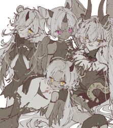4girls black_dress breasts demon_girl demon_horns demon_wings dress extra_horns fate/grand_order fate_(series) green_eyes grey_hair grey_wings highres horns large_breasts lilin_(fate) lilith_(fate) lilith_(third_ascension)_(fate) long_hair looking_at_viewer lplplup medium_hair multiple_girls pointy_ears single_horn skeletal_hand snake very_long_hair wings yellow_eyes