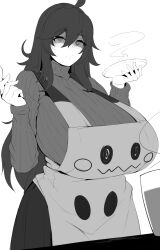 1girl ahoge apron breasts closed_mouth coco_(setawar) cup eyebrows eyebrows_hidden_by_hair female_focus gen_7_pokemon gigantic_breasts greyscale hex_maniac_(pokemon) highres holding long_hair mimikyu monochrome nintendo plate pokemon pokemon_xy shaded_face solo steam sweater table turtleneck turtleneck_sweater very_long_hair