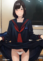 Rule 34 | 1girl, absurdres, artist name, bag, black sailor collar, black serafuku, black shirt, black skirt, blue bag, brown eyes, brown hair, classroom, closed mouth, clothes lift, desk, female pubic hair, futamotu, highres, indoors, lifting own clothes, looking at viewer, name tag, neckerchief, original, panties, pleated skirt, pubic hair, red neckerchief, reflection, sailor collar, satonaka megumi (futamotu), school bag, school uniform, serafuku, shirt, short hair, skirt, skirt lift, smile, solo, underwear, v, white panties, window