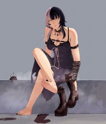 Rule 34 | 1girl, absurdres, arm strap, barefoot, black arm warmers, black boots, black choker, black dress, black hair, black nails, boots, breasts, choker, cleavage, dress, feet, grey background, grey hair, grey ribbon, highres, holding, holding boots, holding footwear, holding unworn clothes, hololive, hololive english, large breasts, long hair, mairu (user 2757), multicolored hair, nail polish, shiori novella, shiori novella (1st costume), sitting, soles, solo, split-color hair, striped arm warmers, toenail polish, toenails, toes, two-tone hair, unworn boots, virtual youtuber, yellow eyes, yorick (shiori novella)