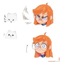 Rule 34 | 1girl, :&lt;, black-framed eyewear, black bodysuit, bodysuit, borrowed character, closed mouth, commission, freckles, glasses, highres, long hair, maridiansnack, orange hair, original, round eyewear, simple background, siri jay, solo, white background