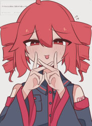 1girl ahoge bare_shoulders black_shirt black_sleeves blush collared_shirt detached_sleeves drill_hair hair_between_eyes highres kasane_teto kasane_teto_(utau) long_sleeves looking_at_viewer number_tattoo red_eyes red_hair red_tattoo red_trim rirurima25 shirt shoulder_tattoo sleeveless sleeveless_shirt solo tattoo tongue tongue_out twin_drills utau white_background