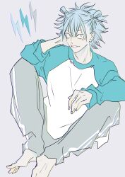 Rule 34 | 1boy, alternate costume, arm behind head, barefoot, blue eyes, blue hair, casual, double bun, facial mark, grin, hair bun, highres, jujutsu kaisen, kashimo hajime, lightning bolt symbol, male focus, pants, simple background, smile, solo, track pants, white background, yuz46