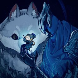 Rule 34 | 1boy, 1girl, armor, artorias the abysswalker, blonde hair, blue cape, blue robe, braid, braided ponytail, cape, carrying, carrying person, commentary, dark background, dark souls (series), dark souls i, full armor, full body, great grey wolf sif, hand up, highres, light particles, long hair, looking at another, lord&#039;s blade ciaran, mask, robe, symbol-only commentary, tworain w, upper body, wolf