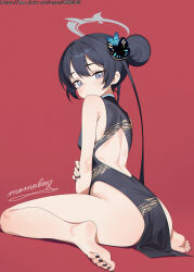 1girl absurdres ass back backless_dress backless_outfit barefoot black_dress black_hair black_nails blue_archive blush breasts butterfly_hair_ornament china_dress chinese_clothes dragon_print dress feet grey_eyes grey_halo hair_bun hair_ornament halo highres kisaki_(blue_archive) long_hair looking_at_viewer looking_back momobug22 print_dress red_background signature simple_background sitting sleeveless sleeveless_dress small_breasts solo twintails wariza