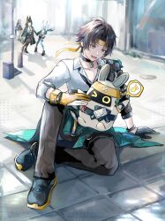 1boy 3girls absurdres animal_ears armor asaboo_(zenless_zone_zero) black_choker black_gloves black_hair black_pants black_pantyhose black_skirt blue_skin blunt_bangs choker closed_mouth colored_skin fox_ears fox_girl gloves green_jacket hair_between_eyes headband high-waist_skirt highres horns hoshimi_miyabi jacket long_hair luta_(luta_1013) multiple_girls oni open_clothes open_jacket open_mouth outdoors pants pantyhose parted_bangs pencil_skirt pink_hair shadow shirt shoulder_armor sidelocks sitting skirt smile soukaku_(zenless_zone_zero) standing tsukishiro_yanagi white_hair white_shirt yellow_eyes yellow_headband zenless_zone_zero