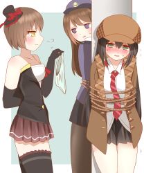 Rule 34 | 3girls, :3, absurdres, black footwear, black gloves, black hair, black hat, black skirt, black thighhighs, blue background, blue hat, blue jacket, blue panties, blush, bound, bow, breasts, brown hair, brown hat, brown jacket, brown pantyhose, brown skirt, cabbie hat, clothes theft, collared shirt, diagonal-striped clothes, diagonal-striped necktie, dress shirt, elbow gloves, flying sweatdrops, gloves, green eyes, hair between eyes, hat, hat bow, highres, holding, holding panties, holding underwear, holding unworn clothes, jacket, long hair, medium breasts, mini hat, mini top hat, multiple girls, necktie, non (wednesday-classic), nose blush, original, panties, pantyhose, parted lips, phantom thief, pleated skirt, pole, police, police hat, police uniform, policewoman, profile, red bow, red necktie, restrained, rope, shirt, shoes, skirt, strapless, striped clothes, sweat, theft, thighhighs, tied up (nonsexual), tilted headwear, top hat, two-tone background, underwear, underwear theft, unworn panties, wavy mouth, white background, white shirt, yellow eyes