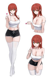 1girl :p absurdres ass bare_shoulders black_shorts braid braided_ponytail breasts camisole candy chainsaw_man cleavage collarbone cropped_legs crossed_legs dolphin_shorts food grin highres holding holding_candy holding_food holding_lollipop large_breasts lollipop makima_(chainsaw_man) multiple_views navel red_hair short_shorts shorts simple_background skrillex_li smile thighhighs thighs tongue tongue_out watson_cross white_background white_camisole white_thighhighs yellow_eyes