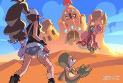 Rule 34 | 1boy, 1girl, baseball cap, blueharedraws, brown hair, denim, denim shorts, gaara (naruto), gen 5 pokemon, gen 7 pokemon, gourd, hat, high ponytail, highres, hilda (pokemon), long hair, naruto (classic), naruto (series), naruto shippuuden, nintendo, palossand, pokemon, pokemon (creature), pokemon bw, ponytail, red hair, sand castle, sand sculpture, shirt, short hair, short shorts, shorts, sidelocks, snivy, white shirt, wristband
