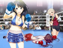 Rule 34 | 3girls, artist request, boxing, boxing gloves, boxing ring, catfight, defeat, multiple girls, smile, tagme, unconscious