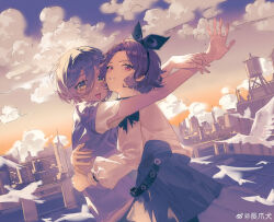 2girls absurdres bird bow brown_hair building chang_zhao_xiao_quan cityscape cloud cloudy_sky commentary ebizuka_tomo evening girls_band_cry hair_bow hashtag-only_commentary highres hug looking_at_viewer multiple_girls open_mouth outdoors red_eyes rupa_(girls_band_cry) shirt short_hair skirt sky smile yellow_eyes yuri