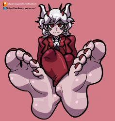 Rule 34 | 1girl, barefoot, beelzebub (helltaker), demon girl, earrings, feet, foot focus, helltaker, highres, horns, jewelry, long hair, looking at viewer, nail polish, pink background, reathroch, red eyes, smile, soles, solo, toenail polish, toenails, toes, white hair