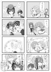 4koma absurdres asymmetrical_hair breast_cutout comic commentary_request crop_top dress greyscale headphones highres i-13_(kancolle) i-14_(kancolle) i-168_(kancolle) i-58_(kancolle) kaiboukan_no._30_(kancolle) kaiboukan_no._4_(kancolle) kantai_collection long_hair mocchi_(mocchichani) monochrome multiple_4koma sailor_collar sailor_dress scamp_(kancolle) school_uniform serafuku short_hair translation_request
