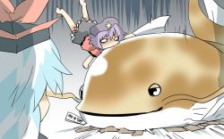 2girls biting black_eyes blue_hair catfish fish hat kamishirasawa_keine long_hair miyako_yoshika mouth_hold multiple_girls namazu_(touhou) o_o rebecca_(keinelove) short_hair smile touhou