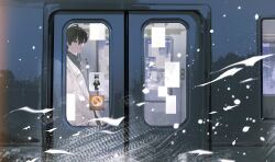 1boy absurdres black_eyes black_hair black_shirt coat collared_shirt condensation expressionless from_outside highres juyekuno kim_dokja looking_at_viewer male_focus omniscient_reader&#039;s_viewpoint poster_(object) shirt snowing solo train upper_body white_coat window window_fog