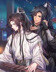 2boys absurdres black_gloves black_hair black_hanfu black_sash blue_ribbon brown_hair chinese_clothes chu_wanning closed_eyes closed_mouth erha_he_tadebai_mao_shizun furrowed_brow gloves guqin half_updo hand_in_another&#039;s_hair hanfu high_ponytail highres instrument long_hair long_sleeves looking_at_another male_focus mo_ran multiple_boys music outdoors partially_fingerless_gloves playing_instrument ponytail purple_eyes ribbon sash sitting smile tassel upper_body white_hanfu wide_sleeves xiao_guan_(headdress) yaoi zehel_az