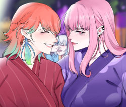 3girls alternate_costume couple ear_piercing earrings closed_eyes feather_earrings feathers floral_print gawr_gura gradient_hair hololive hololive_english imminent_kiss japanese_clothes jewelry kimono looking_at_another mori_calliope multicolored_hair multiple_girls notziegler orange_hair piercing pink_hair purple_kimono red_eyes red_kimono smile takanashi_kiara the_sims virtual_youtuber yukata yuri